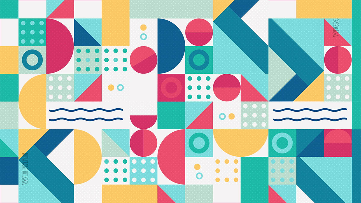 Still of the vbs motion design film showing different geometrical shapes and patterns in various colours.