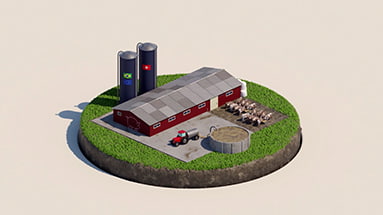 Still of the cleanwater motion design film showing a tractor and cows in front of a farmhouse and silos with a swiss and a brazilian flag on them behind the house.