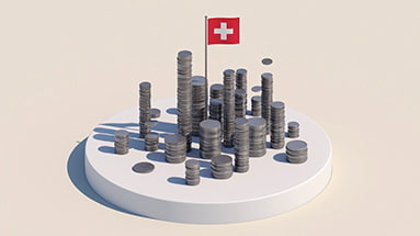 Still of the cleanwater motion design film showing stacks of money with a flagpole with a swiss flag in the center on a round white platform.