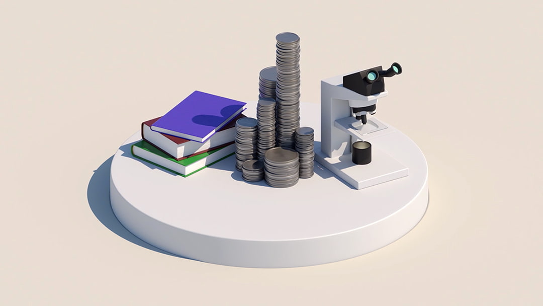 Still of the cleanwater motion design film showing different books, a stack of money and a microscope on a round white platform.