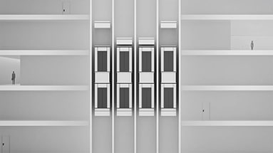 Still of the schindler motion design film showing elevators in an office building on multiple floors.