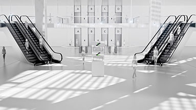 Still of the schindler motion design film showing a bright entrance hall of an office building with elevators and escalators with daylight shining in from the skylight.