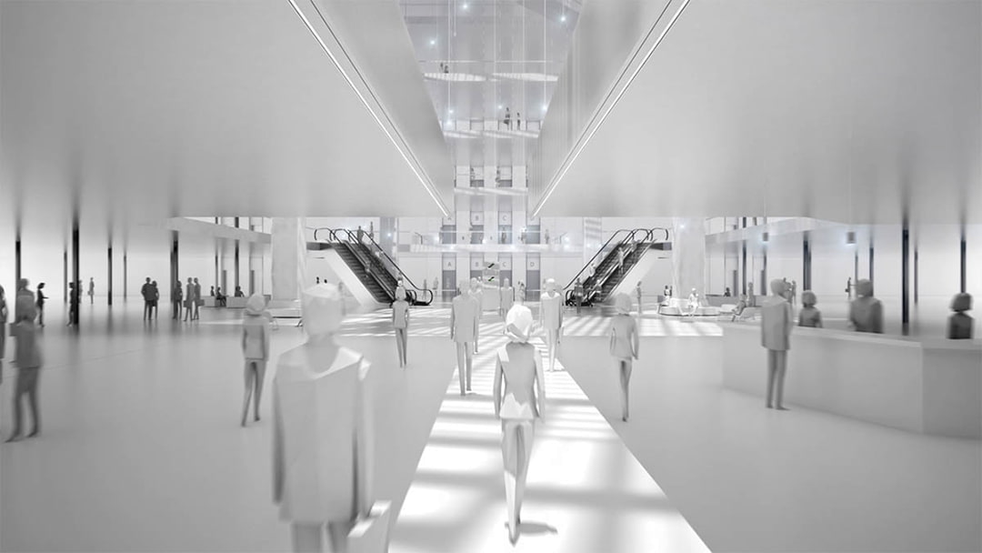 Still of the schindler motion design film showing abstracted people walking in a bright entrance hall of a office building with elevators and escalators in the background.