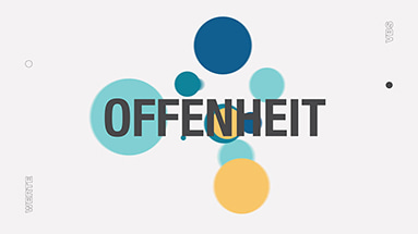 Still of the vbs motion design film showing "Offenheit" written on a light grey background with blue, turquoise and yellow circles.