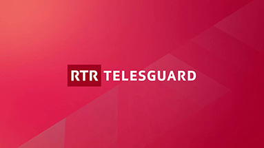 Still of the rtr broadcast design showing the rtr telesguard logo centered in the middle in front of a red background with geometrical shapes.