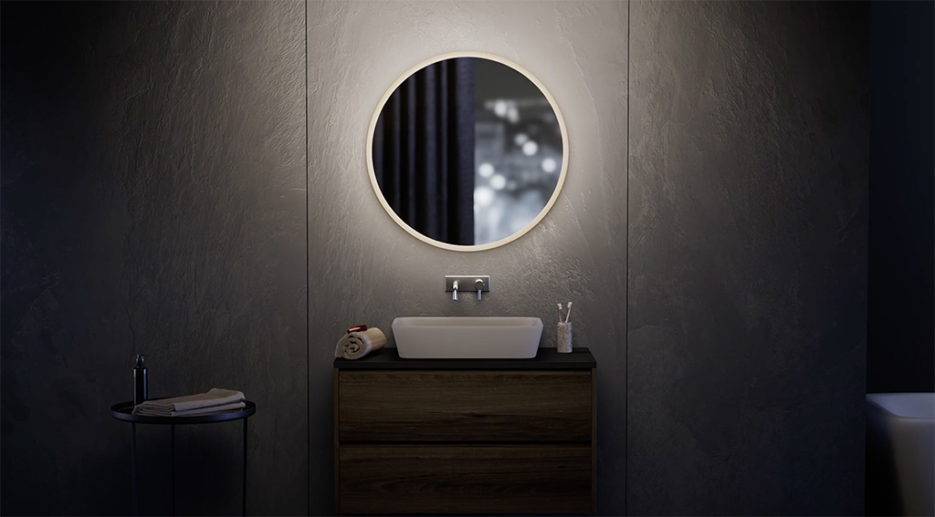 3d rendering of the schneider lune mirror in an elegant bathroom